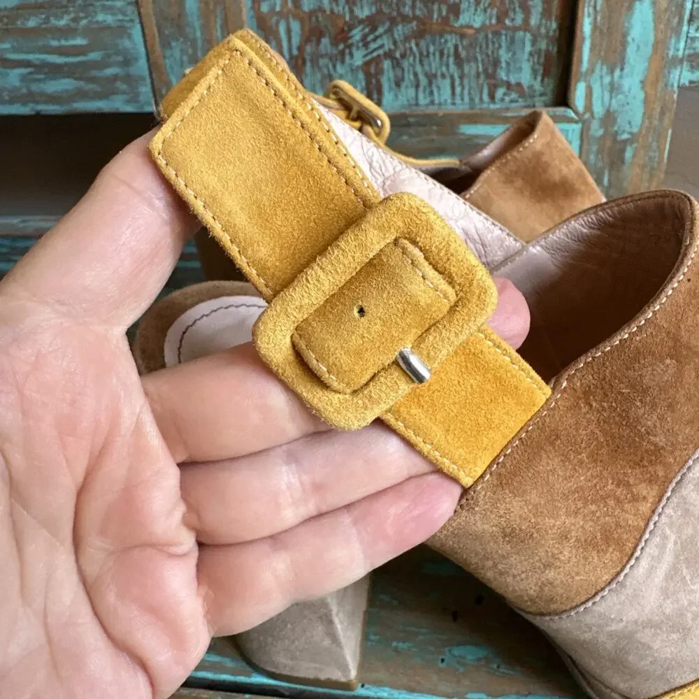 Alberto Zago Milano Suede Leather Platform Peeptoe Sandals Heels Made Italy 36